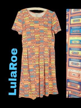 LuLaRoe AMELIA Coral & Blue Retro Cassette Tape Midi Dress XL